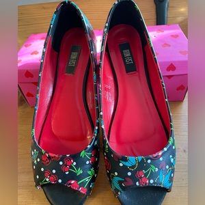 Iron Fist Cherry Glazer Peep Toe Flat Skulls Cherries and Anchors Rockabilly